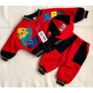Vintage 90s MGM Kid's Fashion 3-Piece Jacket Pants Set Boys 12M Red Black Patch